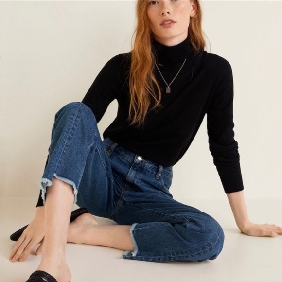 MANGO High Rise Frayed Straight Jeans Blue - Picture 6 of 7